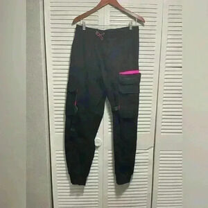 Fashion Nova Men's Black and Pink Joggers-Tracksuits Size L